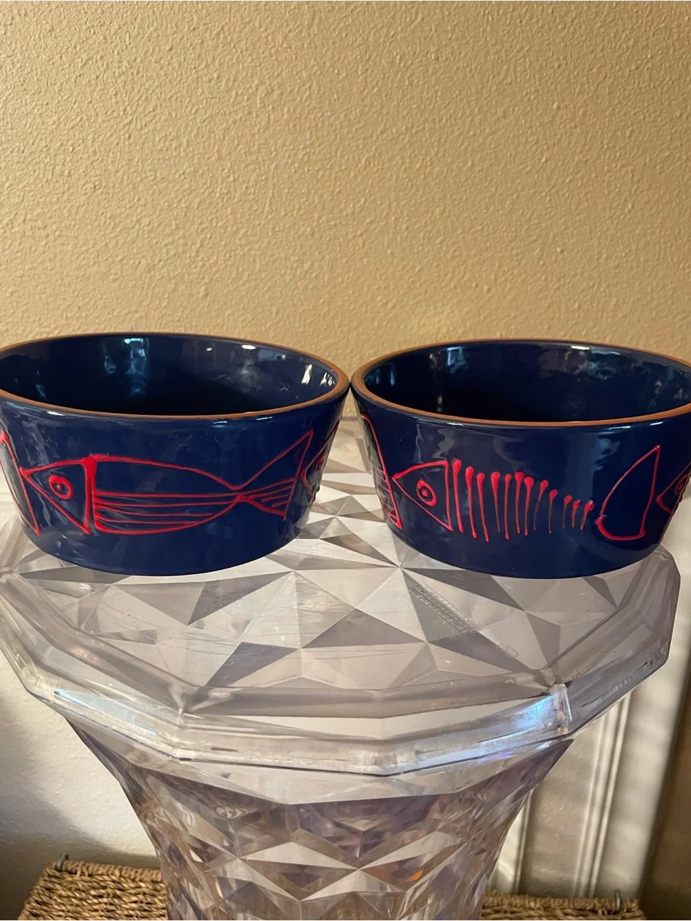 Crate & Barrel Shore Dark Navy Red Fish Bowls lot of 2